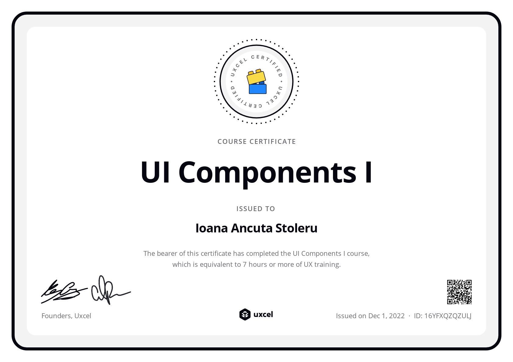 Ioana Ancuta Stoleru's certificate